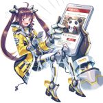  ahoge blush brown_hair cellphone clenched_hand hair_ornament hairclip hands holding holding_phone invisible_chair jacket long_hair mecha_musume mechanical_legs open_mouth original panda phone red_eyes sample sidelocks sitting smartphone twintails watermark white_background yellow_jacket zoff_(daria) 