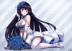  1girl alternate_costume bangs bare_shoulders blue_flower blue_ribbon blue_rose blush bouquet braid breasts cleavage dress ekusufeito flower full_body gloves hair_flower hair_ornament hair_ribbon high_heels holding holding_bouquet honkai_(series) honkai_impact_3 kneeling lace lace-trimmed_legwear large_breasts leaning_forward long_hair looking_at_viewer ponytail purple_hair raiden_mei ribbon rose side_braid signature smile solo thigh-highs very_long_hair violet_eyes white_dress white_footwear white_gloves white_legwear white_ribbon 