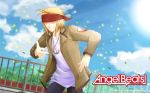  1boy angel_beats! black_legwear blindfold blonde_hair blue_sky clouds cloudy_sky cuffs handcuffs happy headband jacket jewelry key_(company) leaves_in_wind long_sleeves mountainous_horizon necklace open_mouth pants pointing pointing_at_viewer pollen railing shabello shirt short_hair sky smile solo sunlight t-shirt tk_(angel_beats!) white_shirt 