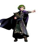  1boy belt book boots cape child fire_emblem fire_emblem:_fuuin_no_tsurugi fire_emblem_heroes full_body green_eyes green_hair highres himukai_yuuji lleu_(fire_emblem) male_focus nintendo official_art open_mouth solo teeth transparent_background 