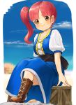  1girl bangs blue_dress blue_sky blurry blurry_background blush boots breasts brown_eyes brown_footwear character_request closed_mouth clouds commentary_request crate cross-laced_footwear day depth_of_field dragon_quest dragon_quest_builders_2 dress eyebrows_behind_hair fingernails highres lace-up_boots long_hair puffy_short_sleeves puffy_sleeves redhead shirt short_sleeves side_ponytail sitting sky sleeveless sleeveless_dress small_breasts smile solo suzuki_puramo white_shirt 