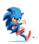  1boy animal blue_fur commentary full_body green_eyes hedgehog looking_at_viewer male_focus nike no_humans redesign running sega shoes smirk sneakers snout solo sonic sonic_the_hedgehog sonic_the_hedgehog_(movie) tyson_hesse white_background 