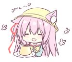  1girl :d animal_ear_fluff animal_ears azur_lane bangs blue_shirt blush bow cat_ears chibi closed_eyes ears_through_headwear eyebrows_visible_through_hair facing_viewer food hair_between_eyes hair_ribbon hat heart holding holding_plate holding_spoon kisaragi_(azur_lane) long_hair one_side_up open_mouth pink_hair plate pudding purinko red_ribbon ribbon sailor_collar school_hat shirt simple_background smile solo spoon translated white_background white_sailor_collar yellow_bow yellow_hat 