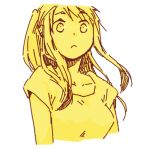  1girl arms_at_sides bangs breasts expressionless eyebrows_visible_through_hair floating_hair fullmetal_alchemist igi_(tarqu0ise) looking_away lowres medium_breasts monochrome shirt short_sleeves simple_background solo upper_body white_background wide-eyed winry_rockbell yellow 