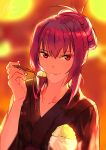  1girl black_kimono blurry blurry_background collarbone fare fate/grand_order fate_(series) hair_between_eyes holding japanese_clothes kimono long_hair looking_at_viewer purple_hair red_eyes scathach_(fate)_(all) scathach_(fate/grand_order) shaved_ice signature sketch solo tied_hair upper_body yukata 