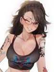  1girl arm_tattoo black_hair bra_strap breasts brown_eyes camisole cleavage collarbone crop_top devil_may_cry devil_may_cry_5 freckles glasses grin highres lips long_hair looking_at_viewer nico_(devil_may_cry) nusumenaihxseki smile solo tattoo 
