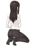  1girl black_hair black_legwear black_pants easy_(aqk7bdqt) full_body kneeling long_hair long_sleeves looking_away pants sakurai_(shiromanta) senpai_ga_uzai_kouhai_no_hanashi shirt simple_background solo white_background white_shirt 