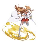  1girl asuna_(sao) braid brown_eyes brown_hair cape crown_braid detached_sleeves floating_hair highres holding holding_sword holding_weapon leg_up long_hair long_sleeves looking_at_viewer miniskirt official_art outstretched_arm pleated_skirt red_skirt skirt solo standing standing_on_one_leg sword sword_art_online thigh-highs transparent_background very_long_hair waist_cape weapon white_cape white_legwear white_sleeves 
