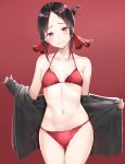  1girl ass_visible_through_thighs bangs bare_shoulders bikini black_hair black_jacket blush breasts breasts_apart collarbone cowboy_shot eyebrows_visible_through_hair folded_ponytail groin hair_ribbon head_tilt highres irohakaede jacket kaguya-sama_wa_kokurasetai_~tensai-tachi_no_renai_zunousen~ looking_at_viewer navel open_clothes open_jacket parted_bangs red_background red_bikini red_eyes red_ribbon ribbon shinomiya_kaguya side-tie_bikini sidelocks simple_background small_breasts smile solo standing stomach swimsuit thighs undressing unzipped 