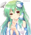  1girl artist_name bangs bare_shoulders blush breasts commentary_request detached_sleeves eyebrows_visible_through_hair frog_hair_ornament green_eyes green_hair hair_between_eyes hair_ornament hair_tubes hand_up highres kochiya_sanae large_breasts long_hair long_sleeves looking_at_viewer ramudia_(lamyun) shirt sidelocks simple_background solo squiggle touhou twitter_username uneven_eyes upper_body white_background white_shirt wide_sleeves 