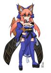  1girl animal_ear_fluff animal_ears bare_shoulders blue_kimono blue_legwear blue_ribbon breasts cleavage detached_sleeves eyebrows_visible_through_hair fate/extra fate/grand_order fate_(series) fox_ears fox_girl fox_tail full_body godichi hair_ribbon hand_on_hip japanese_clothes kimono large_breasts light_smile looking_at_viewer nail_polish pink_hair red_eyes ribbon simple_background solo tail tamamo_(fate)_(all) tamamo_no_mae_(fate) white_background yellow_eyes 
