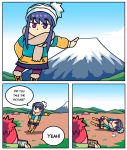  2girls bangs beanie blue_hair coat commentary day english_commentary english_text fallen_down forced_perspective fur-trimmed_boots fur_trim hat jitome kagamihara_nadeshiko leaning_to_the_side long_sleeves mount_fuji multiple_girls no_mouth outdoors phone scarf setz shima_rin tent violet_eyes yurucamp 