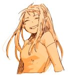  1girl :d ^_^ arms_at_sides bangs breasts clenched_teeth closed_eyes closed_eyes earrings floating_hair food fruit fullmetal_alchemist happy igi_(tarqu0ise) jewelry long_hair medium_breasts monochrome open_mouth orange ponytail shirt short_sleeves simple_background smile solo teeth upper_body white_background winry_rockbell 