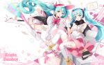  2girls 39 ahoge aqua_eyes aqua_hair blush boots c++_(programming_language) copyright_name eyewear_on_head gloves hat hatsune_miku headphones highres k.syo.e+ multiple_girls open_mouth pink_eyes thigh-highs thigh_boots vocaloid white_gloves white_legwear witch_hat 