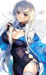  1girl alternate_costume azur_lane bangs belfast_(iridescent_rose)_(azur_lane) blue_eyes blush braid breasts chains china_dress chinese_clothes collar dress earrings eyebrows_visible_through_hair gijang holding holding_hair jewelry large_breasts long_hair looking_at_viewer panties parted_lips side-tie_panties sidelocks silver_hair smile solo thigh-highs underwear white_legwear 