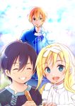  1girl 2boys age_difference alice_schuberg apron black_hair blonde_hair blue_eyes blue_pants blue_shirt closed_eyes clouds collarbone commentary_request crying crying_with_eyes_open day eugeo eyebrows_visible_through_hair green_eyes hair_between_eyes hair_ribbon hairband height_difference highres kirito long_hair multiple_boys open_eyes open_mouth pants parted_lips ribbon shi-2 shirt short_hair sky smile sword_art_online sword_art_online_alicization tears teeth 