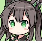  1girl :3 animal_ear_fluff animal_ears bangs bare_shoulders black_collar blush brown_hair chigusa_hana chigusa_hana_channel closed_mouth collar detached_collar eyebrows_visible_through_hair green_background green_eyes hair_between_eyes hair_ornament hairclip headgear long_hair looking_at_viewer nagato-chan portrait simple_background solo virtual_youtuber 