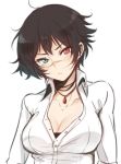  1girl black_hair blue_eyes blush breasts cleavage closed_mouth collarbone collared_shirt commentary_request devil_may_cry devil_may_cry_3 eyebrows_visible_through_hair hair_between_eyes head_tilt heterochromia jewelry lady_(devil_may_cry) long_sleeves looking_at_viewer messy_hair necklace nusumenaihxseki open_clothes open_shirt pendant pout pouty_lips red_eyes scar shirt short_hair simple_background solo unbuttoned unbuttoned_shirt white_background white_shirt 