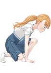  1girl arm_support bangs blonde_hair blue_eyes blue_skirt blunt_bangs blush easy_(aqk7bdqt) long_hair misoshiro_de_kanpai! no_shoes original pleated_skirt ponytail profile sanino_yae school_uniform serafuku simple_background skirt socks solo white_background white_legwear 