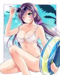  1girl arihara_(arhr0) bare_shoulders bikini blush breasts eyewear_on_head green_eyes large_breasts long_hair looking_at_viewer love_live! love_live!_school_idol_project one_eye_closed purple_hair smile sunglasses swimsuit toujou_nozomi 