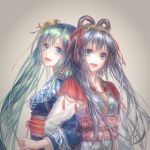  2girls aqua_eyes aqua_hair back-to-back bangs blue_eyes blue_kimono chinese_commentary commentary_request grey_background grey_hair hair_between_eyes hair_ornament hair_ribbon hair_rings hatsune_miku japanese_clothes kimono locked_arms long_hair long_sleeves looking_at_viewer luo_tianyi mayoimayoi multiple_girls obi open_mouth print_kimono red_ribbon ribbon sash short_hair_with_long_locks smile twintails upper_body very_long_hair vocaloid vocanese white_kimono 