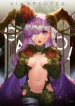  1girl :o bandage_over_one_eye breasts character_name cowboy_shot fate/grand_order fate_(series) gloves highres horns kingprotea long_hair looking_at_viewer medium_breasts miothle moss navel open_mouth purple_hair solo standing violet_eyes 