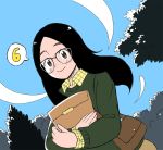  1girl 49s-aragon bag black_hair blue_sky brown_eyes freckles from_below glasses green_sweater long_hair long_sleeves number original outdoors shirt shoulder_bag sky smile solo speech_bubble sweater tree upper_body yellow_shirt 