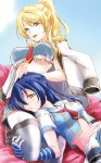  2girls ayase_eli bangs blonde_hair blue_eyes blue_gloves blue_hair blush breasts commentary_request eyebrows_visible_through_hair fingerless_gloves gloves hair_between_eyes hand_on_another&#039;s_head lap_pillow long_hair looking_at_viewer love_live! love_live!_school_idol_festival love_live!_school_idol_project lying multiple_girls navel open_mouth petting ponytail scrunchie sitting skirt sonoda_umi striped striped_gloves thigh-highs under_boob urutsu_sahari white_scrunchie yellow_eyes 