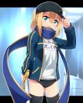  1girl :o absurdres ahoge arm_up artoria_pendragon_(all) bangs baseball_cap black_buruma black_hat black_legwear blonde_hair blue_jacket blurry blurry_background blush buruma commentary_request depth_of_field eyebrows_visible_through_hair fate/grand_order fate_(series) fingernails green_eyes gym_shirt hair_between_eyes hair_through_headwear hand_on_headwear hat highres holding holding_sword holding_weapon jacket long_sleeves minowa_sukyaru mysterious_heroine_x open_clothes open_jacket open_mouth ponytail shirt sidelocks sleeves_past_wrists solo sword thigh-highs translated weapon white_shirt 