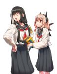  2girls :t absurdres armband black_hair closed_eyes commentary_request eyebrows_visible_through_hair girls_frontline headgear highres long_sleeves looking_at_another m4_sopmod_ii_(girls_frontline) multicolored_hair multiple_girls neckerchief open_mouth pout red_eyes red_neckwear ro635_(dinergate) ro635_(girls_frontline) school_uniform sd_bigpie serafuku shirt simple_background skirt streaked_hair twintails white_background white_hair white_shirt 