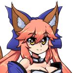  1girl animal_ear_fluff animal_ears bare_shoulders blue_kimono blue_ribbon breasts cleavage detached_sleeves eyebrows_visible_through_hair fate/extra fate/grand_order fate_(series) fox_ears fox_girl fox_tail godichi hair_ribbon japanese_clothes kimono large_breasts light_smile looking_at_viewer pink_hair red_eyes ribbon simple_background solo tail tamamo_(fate)_(all) tamamo_no_mae_(fate) upper_body white_background yellow_eyes 