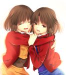  2girls :d absurdres blue_kimono brown_eyes brown_hair exa_(koyuru) eyebrows_visible_through_hair from_side highres hug jacket japanese_clothes kara_no_kyoukai kimono multiple_girls open_clothes open_jacket open_mouth orange_kimono red_jacket ryougi_shiki short_hair simple_background smile upper_body white_background 