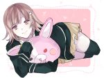  1girl bangs beige_skirt black_jacket black_legwear commentary_request dangan_ronpa flipped_hair hair_ornament hairclip highres holding hood hooded_jacket hoodie iro jacket light_brown_hair long_sleeves looking_at_viewer lying monomi_(dangan_ronpa) nanami_chiaki on_side pillow pink_eyes short_hair skirt sleeves_past_wrists smile solo super_dangan_ronpa_2 thigh-highs 