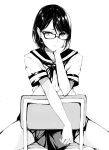  1girl absurdres chin_rest commentary_request ear_piercing earrings flat_(joppin_karu!) glasses greyscale highres jewelry looking_at_viewer monochrome neckerchief original piercing pleated_skirt sailor_collar school_uniform serafuku short_hair simple_background sitting sitting_backwards skirt solo spread_legs white_background 