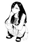  1girl chin_rest clothes_around_waist earrings flat_(joppin_karu!) greyscale hair_ornament hairclip highres jewelry long_hair looking_at_viewer loose_socks monochrome neckerchief original school_uniform simple_background slav_squatting sleeves_folded_up slippers solo squatting white_background 