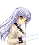  1girl absurdres angel_beats! bangs closed_mouth eyebrows_visible_through_hair hair_between_eyes hair_ornament highres key_(company) long_hair na-ga open_eyes ponytail school_uniform silver_hair simple_background solo sword tachibana_kanade weapon white_background yellow_eyes 