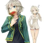  1girl anastasia_(fate/grand_order) black_shirt blue_eyes brown_shorts collarbone dress_shirt eyebrows_visible_through_hair fate/grand_order fate_(series) green_jacket hair_between_eyes hand_on_hip idolmaster idolmaster_cinderella_girls jacket jewelry kinpun_(fgxdw447) mouth_hold necklace open_clothes open_jacket shiny shiny_hair shirt short_hair short_shorts shorts silver_hair standing thigh_gap toothbrush_in_mouth white_shirt 