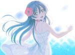  1girl back bangs bare_shoulders bikini bikini_under_clothes blue_hair blush commentary_request dress flower from_behind h.i.t_(59-18-45) hair_between_eyes hair_flower hair_ornament long_hair looking_at_viewer looking_back love_live! love_live!_school_idol_project open_mouth outdoors red_bikini red_flower see-through sleeveless sleeveless_dress smile solo sonoda_umi swimsuit swimsuit_under_clothes white_dress yellow_eyes 