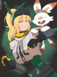  1girl absurdres animal_ears black_gloves blonde_hair breasts buck_teeth cameron_maccloud creatures_(company) crossover game_freak gen_8_pokemon gen_lock gloves green_eyes happy highres long_hair medium_breasts moddedjoker nintendo open_mouth orange_eyes pokemon pokemon_(creature) ponytail rabbit_ears scorbunny smile 