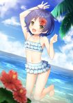 1girl :d bangs bare_shoulders beach bikini blue_hair blue_sky blush breasts clouds collarbone commentary_request day eyebrows_visible_through_hair flower frilled_bikini frills gochuumon_wa_usagi_desu_ka? hair_between_eyes hair_flower hair_ornament jouga_maya leg_up looking_at_viewer navel ocean open_mouth outdoors palm_tree red_flower sand sky smile solo standing swimsuit tree water win_opz yellow_eyes 