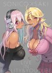  2girls amaryllis_gumi blonde_hair blush breasts cleavage collarbone earrings fang female food grin gyaru hair_between_eyes hair_ornament hairclip headphones highres jewelry kogal large_breasts long_hair looking_at_viewer mouth_hold multiple_girls nitroplus off-shoulder_sweater off_shoulder open_mouth ouga_saki pink_eyes pink_hair pocky pocky_kiss red_eyes ribbed_sweater shared_food smile star star_earrings super_sonico sweater tan teeth tsuji_santa virtual_youtuber 