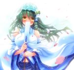  blue_skirt blush breasts cherry_blossoms commentary_request covering_mouth detached_sleeves eyebrows_visible_through_hair floating_hair flower frog_hair_ornament gohei green_hair hair_between_eyes hair_flower hair_ornament holding kochiya_sanae large_breasts long_hair looking_at_viewer navel osashin_(osada) shirt skirt sleeveless sleeveless_shirt snake_hair_ornament touhou veil white_shirt white_sleeves yellow_eyes 