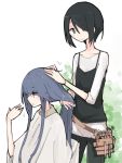  2girls black_hair blue_hair cutting_hair green_eyes hands_in_hair layered_clothing long_hair multiple_girls older pouch saitou_ena scissors shima_rin shiroshi_(denpa_eshidan) short_hair violet_eyes yurucamp 