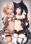  2girls animal_ear_fluff animal_ears arm_around_back arm_ribbon bandeau black_hair blush breasts cat_ears cat_tail cleavage closed_mouth coat collarbone demon_tail eyebrows_visible_through_hair grey_hair groin hair_ornament hairclip hand_up highres hooded_coat horns long_hair medium_breasts multiple_girls navel neck_bell neck_ribbon off_shoulder open_clothes open_coat open_fly open_mouth original red_ribbon ribbon ryara_vivi short_hair short_shorts shorts sidelocks small_breasts smile stomach tail thigh-highs thigh_strap twintails 