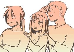  1girl 2boys :d alphonse_elric close-up crossed_arms edward_elric fingernails food fruit fullmetal_alchemist gradient hand_to_forehead hands_on_another's_shoulders happy head_tilt height_difference igi_(tarqu0ise) long_sleeves looking_away monochrome multiple_boys open_mouth orange pink profile simple_background smile standing upper_body white_background winry_rockbell 