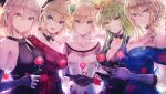  5girls ahoge amethyst_(gemstone) animal_ears artoria_pendragon_(all) artoria_pendragon_(lancer) atalanta_(fate) bangs black_gloves blonde_hair blue_dress blue_eyes blush bow braid breasts bridal_gauntlets cat_ears cleavage collarbone dress earrings eyebrows_visible_through_hair fate/grand_order fate_(series) flower gloves gold green_eyes green_hair hair-irbbon hair_between_eyes hair_bow hair_ornament hair_ribbon head_tilt holding holding_flower jeanne_d&#039;arc_(fate) jeanne_d&#039;arc_(fate)_(all) jewelry large_breasts long_hair looking_at_viewer medium_breasts minyom multiple_girls necklace off-shoulder_dress off_shoulder okita_souji_(fate) okita_souji_(fate)_(all) open_mouth pearl_necklace pink_hair purple_dress purple_gloves red_dress red_flower red_rose ribbon rose ruby_(gemstone) saber smile very_long_hair wavy_hair white_dress yellow_eyes 