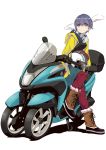  1girl afro_(kngotezo) blue_hair boots eyebrows_visible_through_hair gloves ground_vehicle headwear_removed helmet helmet_removed jacket jitome motor_vehicle motorcycle motorcycle_helmet official_art pants scarf shima_rin short_hair solo violet_eyes winter_clothes yamaha yurucamp 