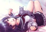  1girl :d black_hair black_skirt braid cat eyebrows_visible_through_hair grey_cat konekoneko_(indonesia) long_hair long_sleeves looking_at_viewer lying on_back open_mouth original paw_pose school_uniform serafuku shirt skirt smile socks thighs white_shirt yellow_eyes 