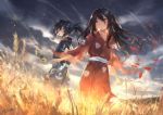  1boy 1girl artist_name azomo bangs black_hair brown_eyes clouds cloudy_sky dororo_(tezuka) hair_between_eyes highres hyakkimaru_(dororo) japanese_clothes long_hair mio_(dororo) outdoors ponytail red_eyes scenery sky standing 