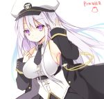  1girl azur_lane bangs black_jacket black_neckwear black_skirt breasts closed_mouth collared_shirt enterprise_(azur_lane) eyebrows_visible_through_hair hair_between_eyes hands_up hat jacket large_breasts long_hair long_sleeves military_hat necktie off_shoulder open_clothes open_jacket peaked_cap purinko purple_hair shirt short_necktie simple_background skirt sleeveless sleeveless_shirt sleeves_past_wrists smile solo very_long_hair violet_eyes white_background white_hat white_shirt 